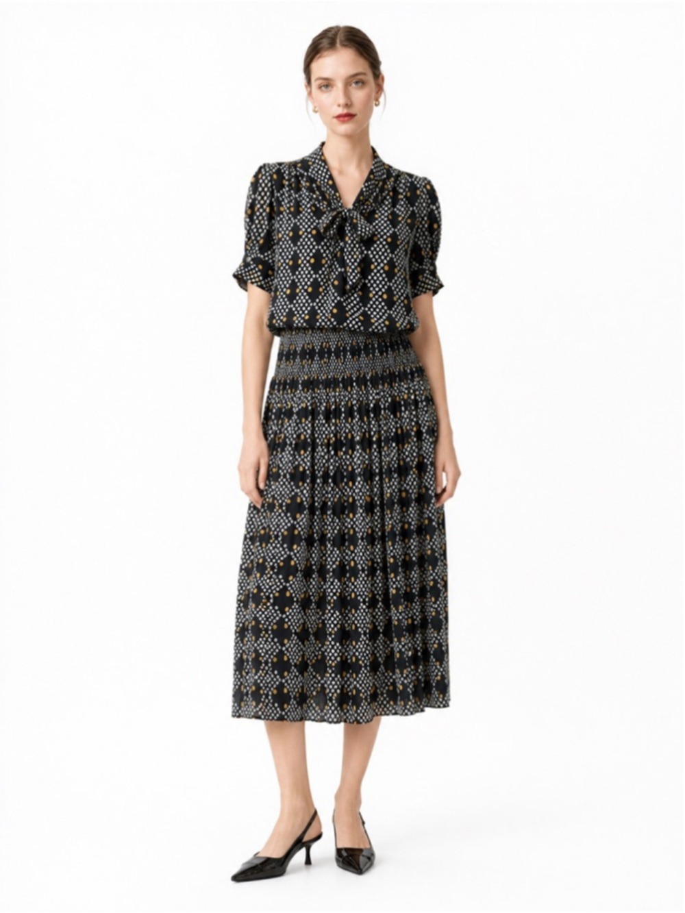 VINTAGE Algo 80’s Chiffon Drop Waist Blouson Midi Dress (XL/1X)